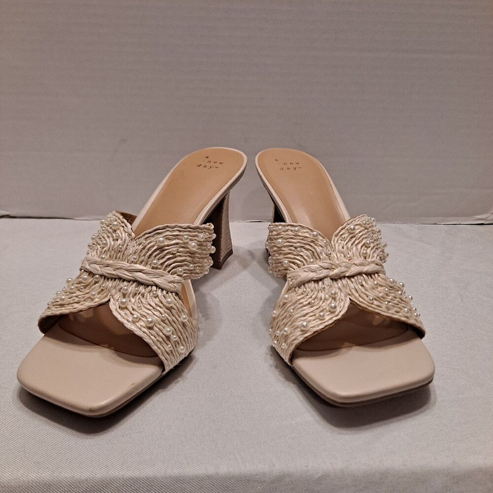 A New Day Women's Tia Faux Pearl Sandals Size 11 Wedding Block Heel Woven Creme